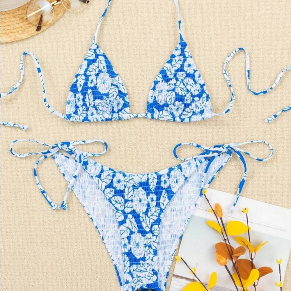 blue and white bikini